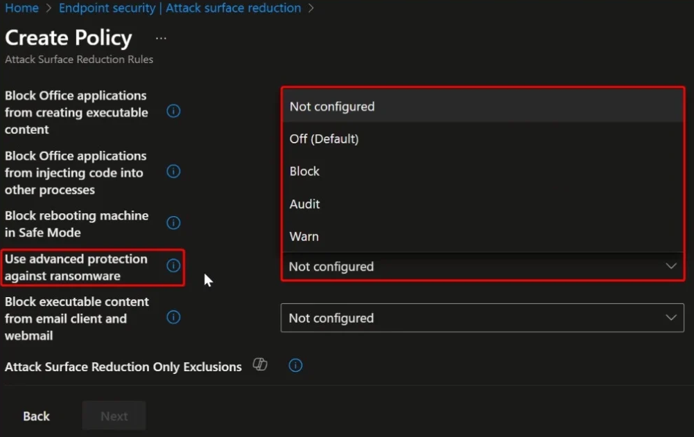 Use advanced protection against ransomware rule options